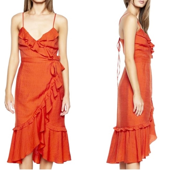 Bardot Zoe Ruffle Faux Wrap Ruffle Trim Dress - Orange - Picture 1 of 11